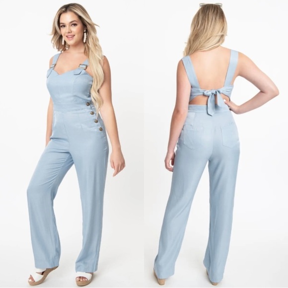 Unique Vintage Pants - Unique Vintage Chambray Blue Sedgewick Jumpsuit - Open Back Pinafore Overalls XS